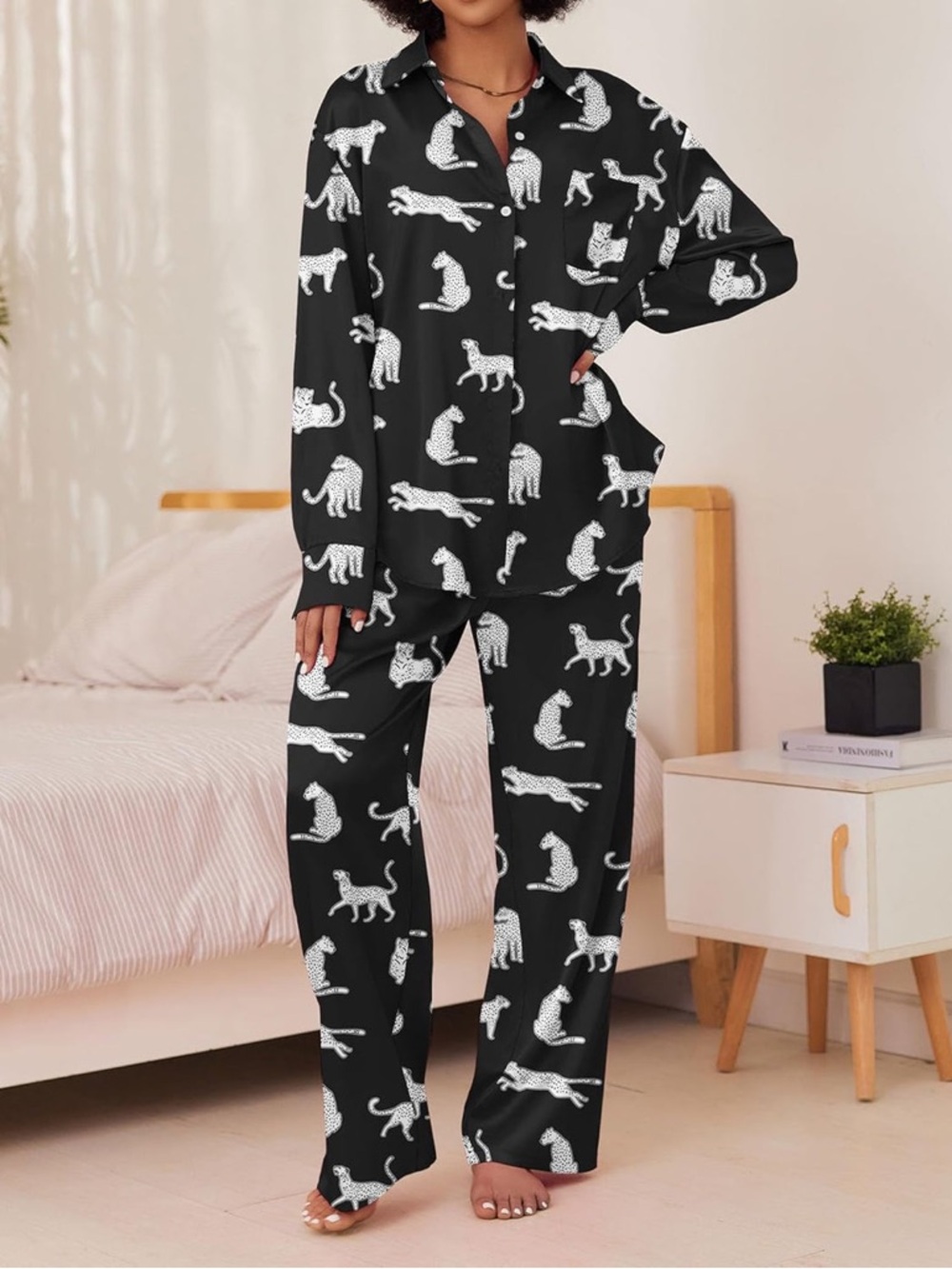 Ekouaer Black Cheetahs Button Up Collared Pajama Set
